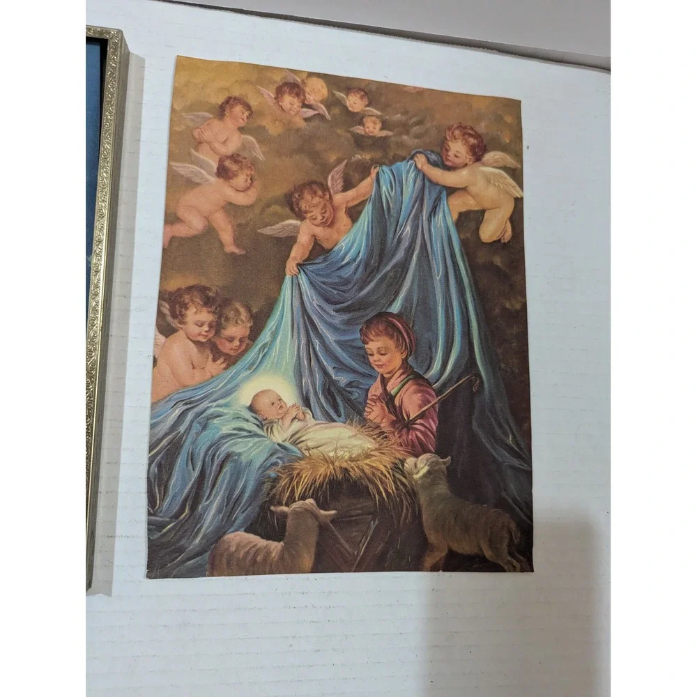 Vintage Gold‎ Tone Metal 8x10 Frame with Religious Prints Nativity Poem Art